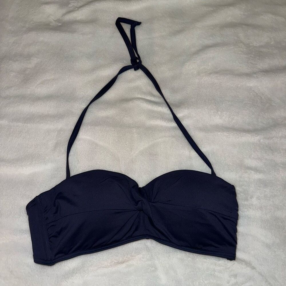 Moontide Women’s Small Bandeau Bikini Top Knotted Front Navy Blue Halter EUC